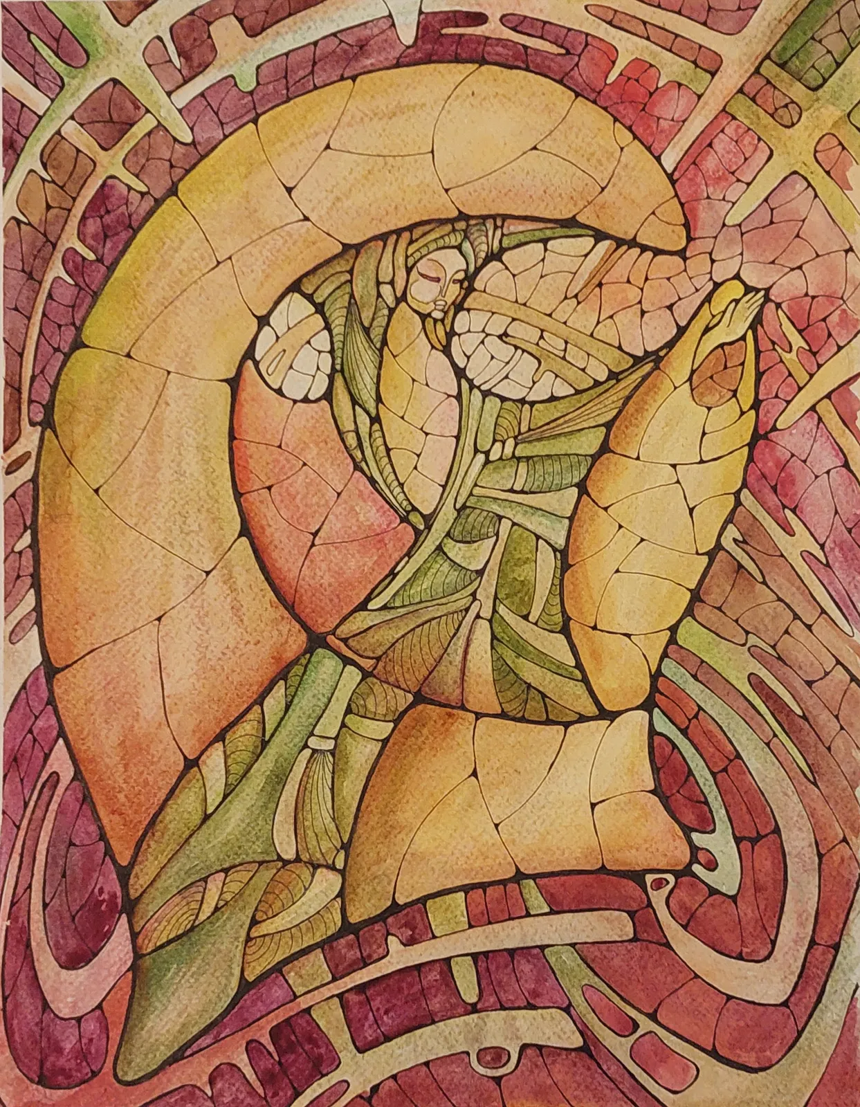Image of Stone Maiden by Oksana Lopokha, size: А3, made of Watercolor, paper, ink, Graphics medium, from Ukraine, part of the "Figures" series, priced at $200