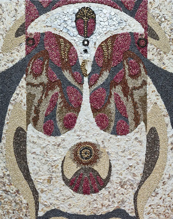 Image of Disclosure by Oksana Lopokha, size: 40х50см, made of Cardboard, mother-of-pearl shell, seeds, Graphics medium, from Ukraine, part of the Seed mosaic series