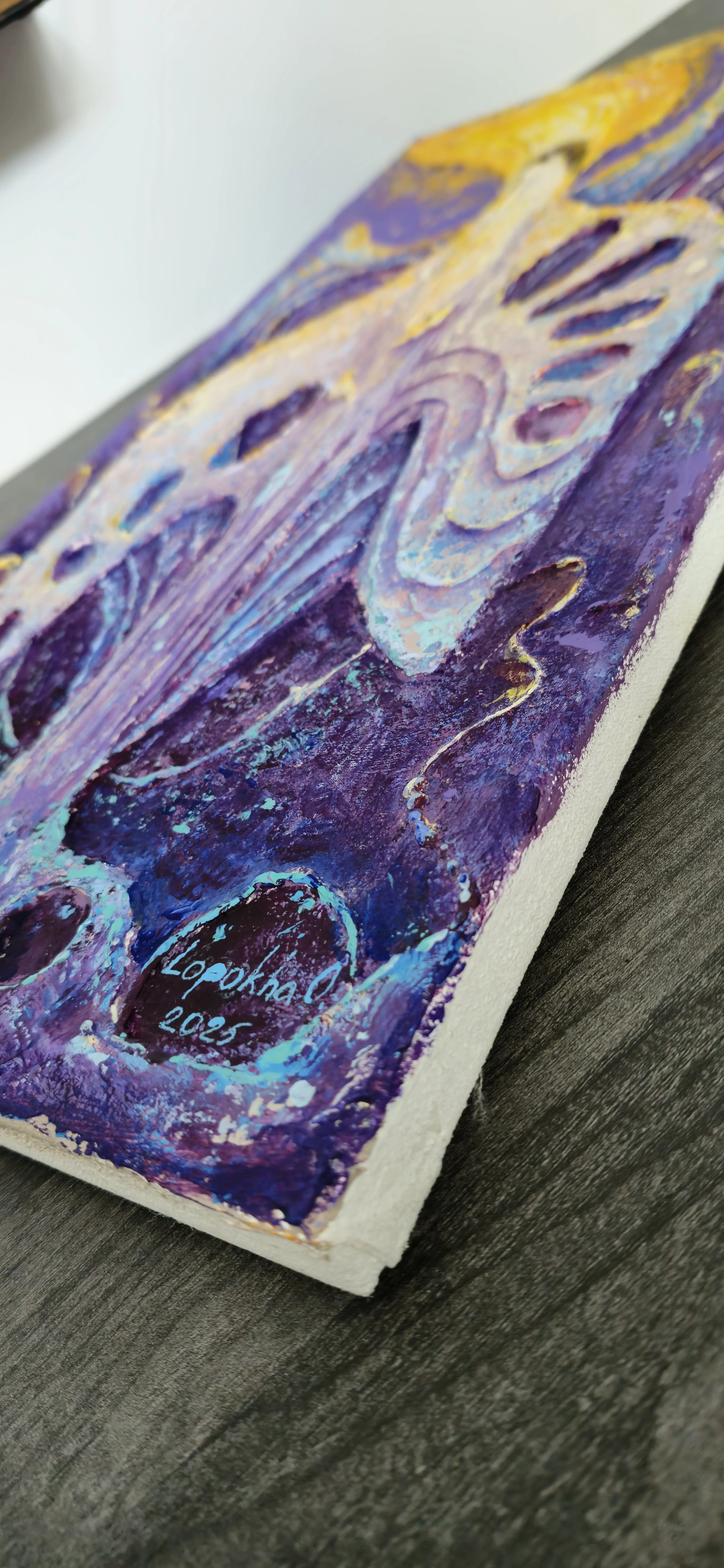 Image of Nadiia Lives by Oksana Lopokha, size: 25x50, made of Acrylic, texture paste, Painting medium, part of the "Figures" series, priced at $480 Photo 2 of 6.
