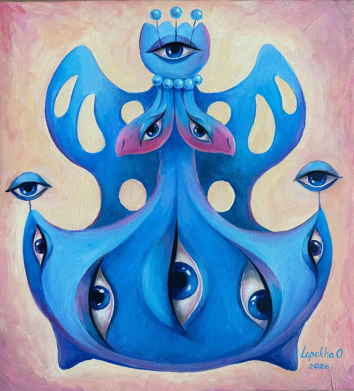 Image of Дивитися у відповідь by Oksana Lopokha, size: 42х46, made of Акрил, полотно, Живопис medium, from Україна, part of the Хранителі series, priced at $550 Photo 1 of 4.