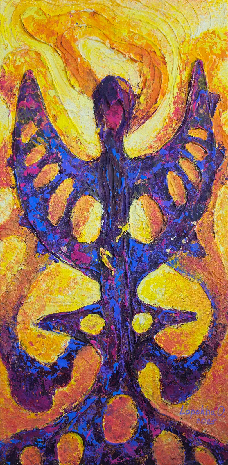 Image of Unburnable Wings by Oksana Lopokha, size: 25x50, made of Acrylic, texture paste, Painting medium, from Ukraine, part of the "Figures" series, priced at $480 Photo 1 of 5.