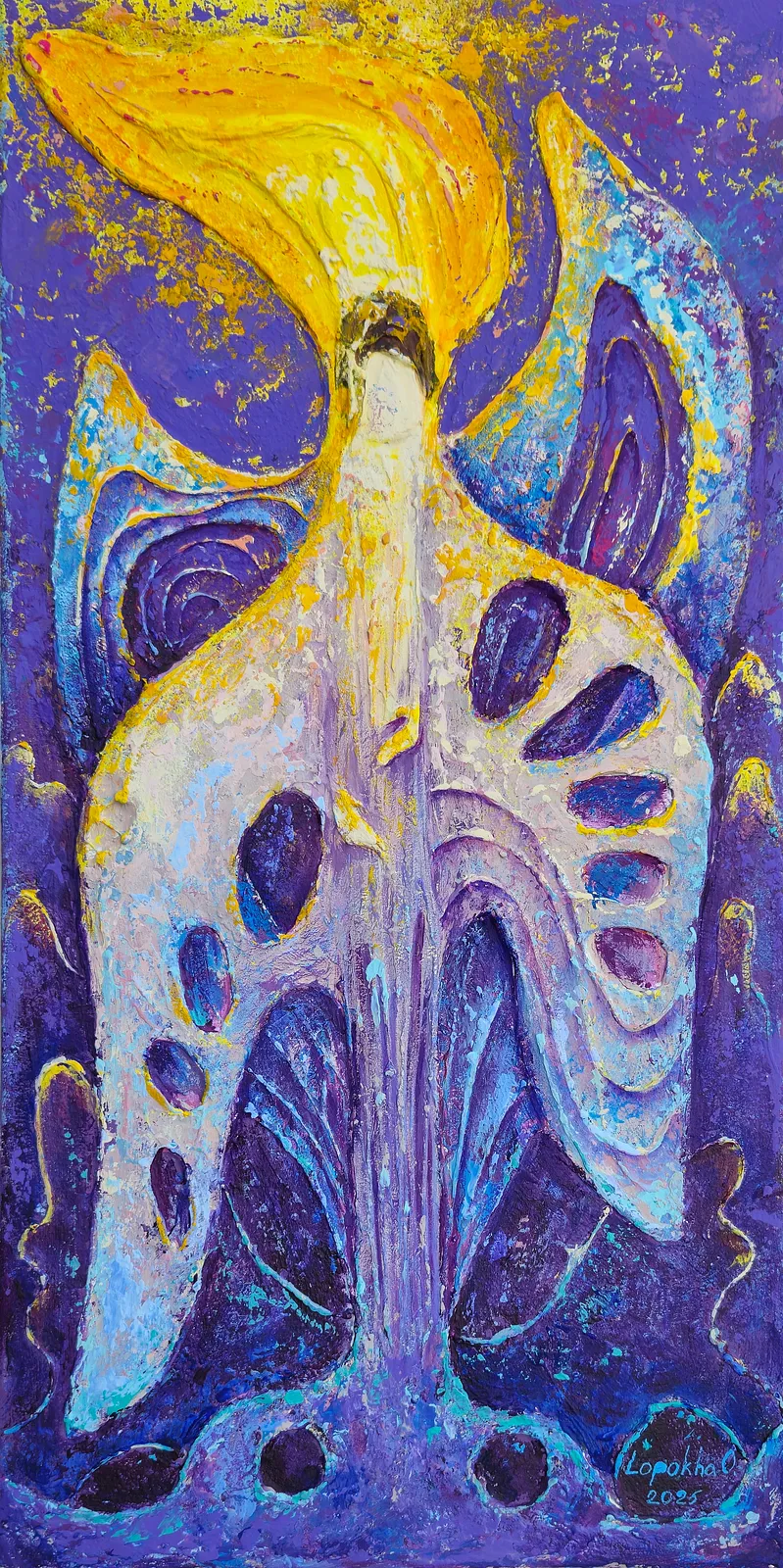 Image of Nadiia Lives by Oksana Lopokha, size: 25x50, made of Acrylic, texture paste, Painting medium, part of the "Figures" series, priced at $480 Photo 1 of 6.